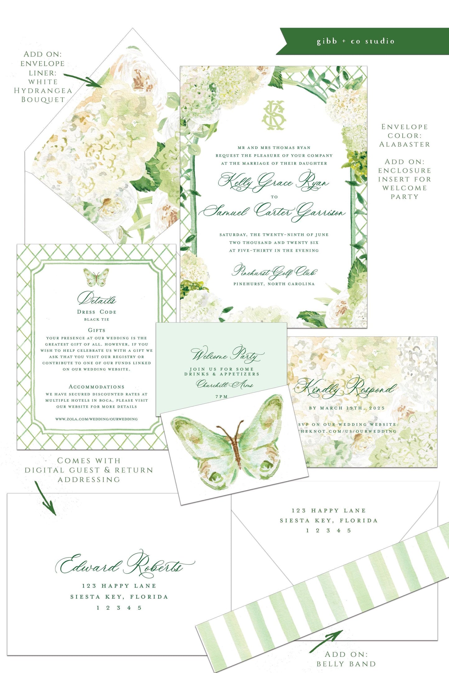 Evelyn Coastal wedding invitation, white hydrangea, beach wedding, coastal wedding, watercolor wedding, Semi Custom wedding set, garden