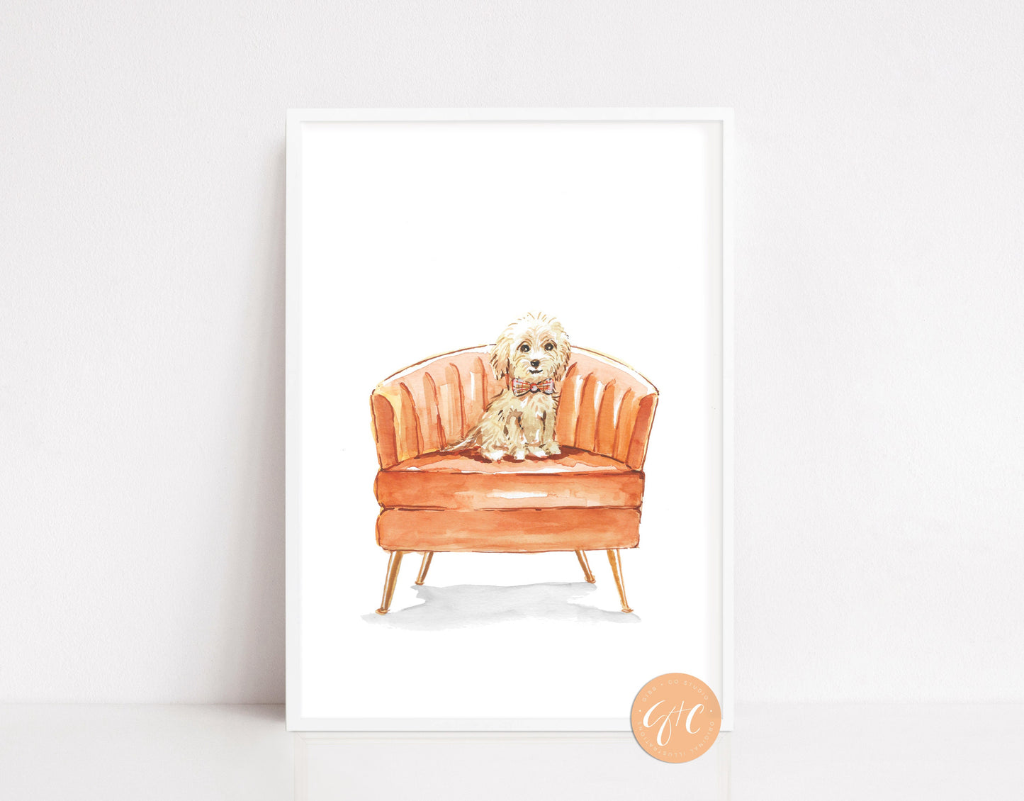 Golden Doodle on orange chair, dog art print, nursery art print