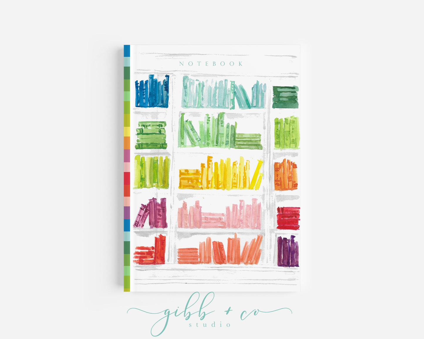Rainbow Bookcase notebook, library, journal, art journal, graph paper, modern, watercolor, illustration, book lover, affirmation, journaling