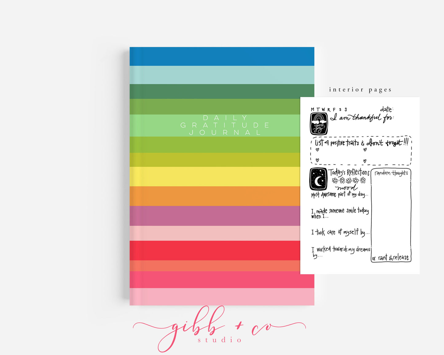 Gratitude journal, positivity notebook, library, journal, watercolor art, modern, rainbow, affirmation, journaling, notebook