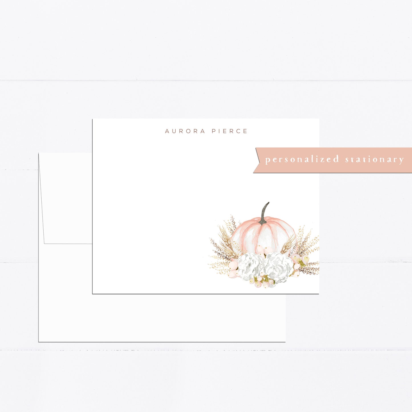 Personalized stationery, pumpkin, fall, farmhouse, minimal, girly, watercolor stationery set, gift for, illustration, flat card, blue