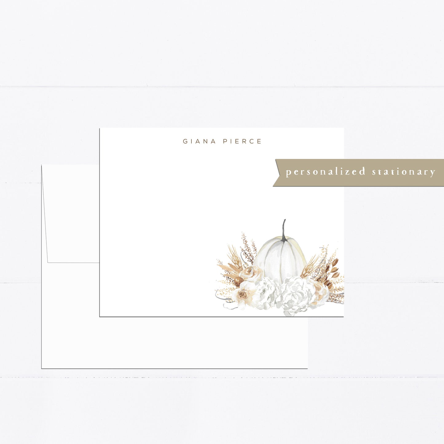 Personalized stationery, pumpkin, fall, farmhouse, minimal, girly, watercolor stationery set, gift for, illustration, flat card, blue