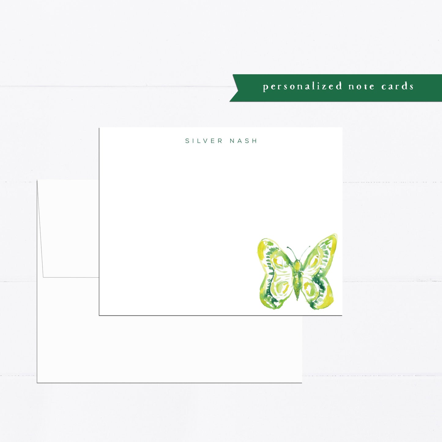 Personalized stationery, green, citron, butterfly, butterflies, kids stationery, girly, watercolor, printed art, gift for, feminine