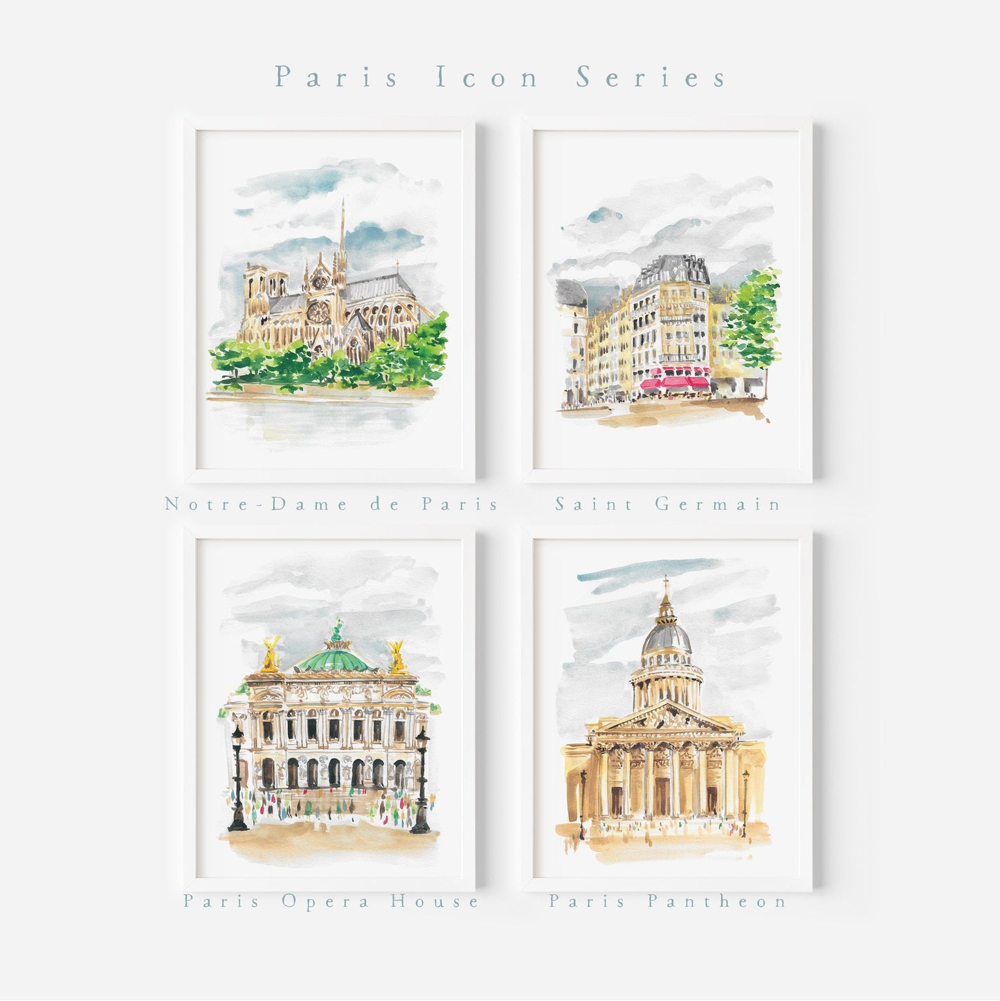 St Germain Paris travel art print, Paris architecture watercolor print, Paris wall art, Paris art print set, Notre Dame, Paris Opera House, travel art print