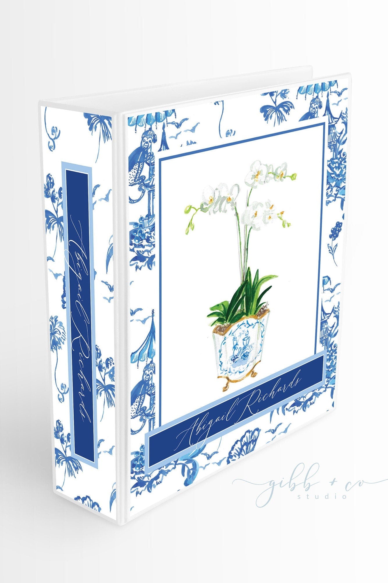 Binder, Chinoiserie, white orchid, floral, pattern, personalized binder, recipes, wedding planner, small business binder, blue and white