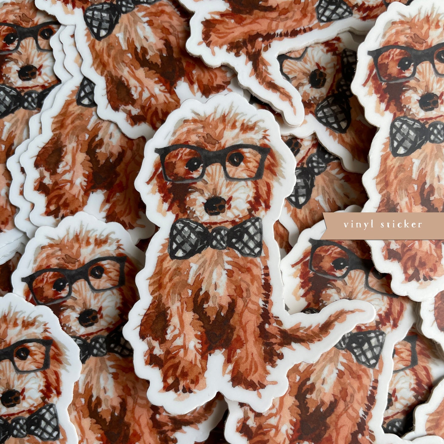 Dog sticker, doodle sticker, red doodle sticker, bowtie dog, glasses on dog, vinyl, watercolor, illustration, dog lover, doodle lover