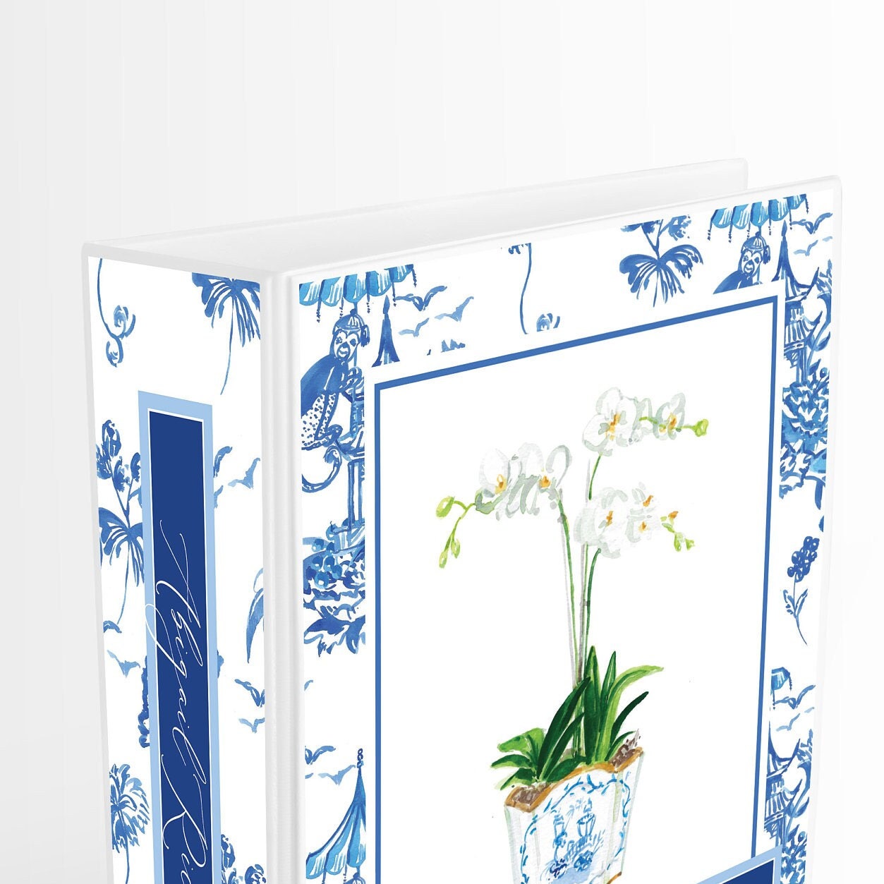 Binder, Chinoiserie, white orchid, floral, pattern, personalized binder, recipes, wedding planner, small business binder, blue and white