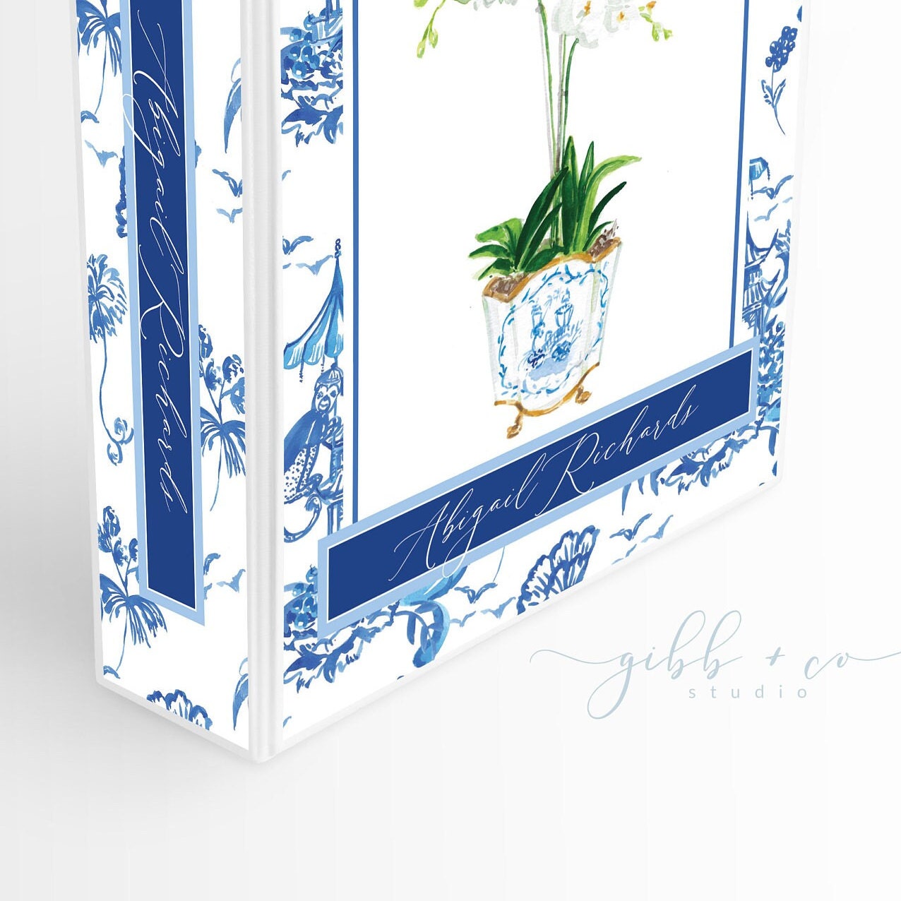 Binder, Chinoiserie, white orchid, floral, pattern, personalized binder, recipes, wedding planner, small business binder, blue and white