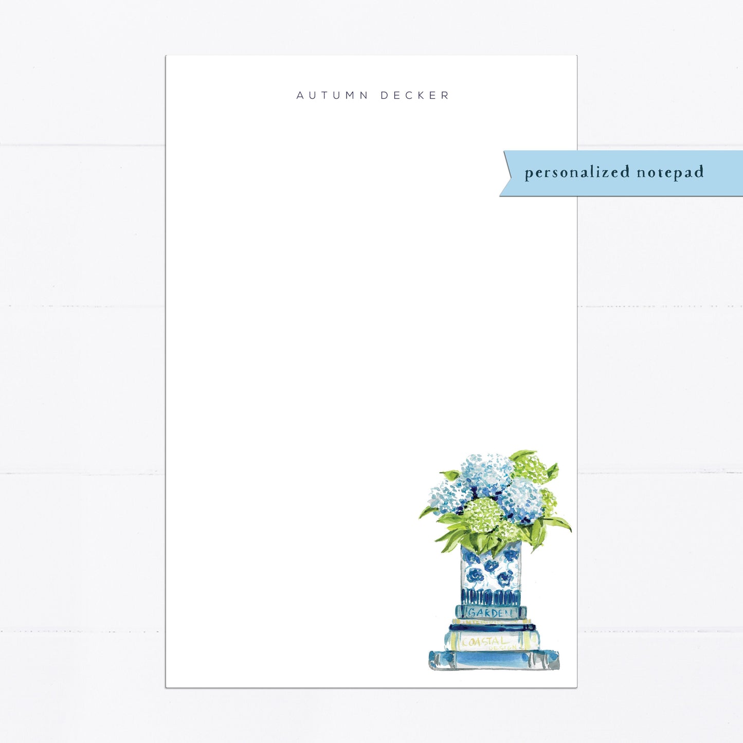 Hydrangea notepad, books, personalized notepad, stacked books, tea, teacher gift, gift for, illustration, monogram, white, blue hydrangeas