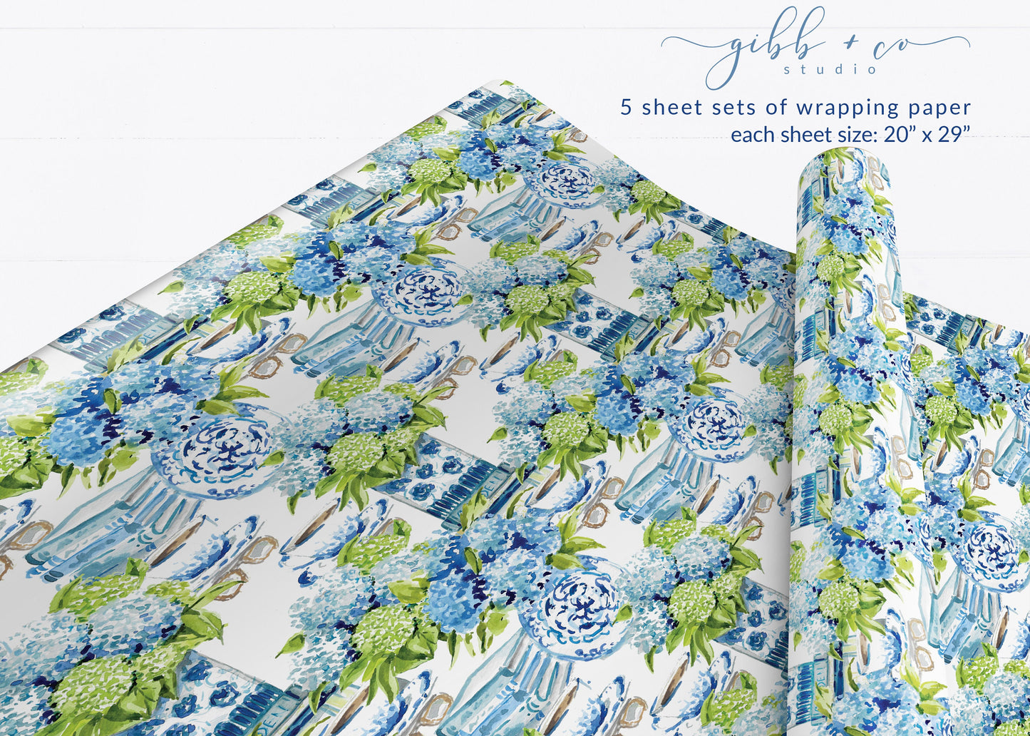 Blue Hydrangeas floral wrapping paper