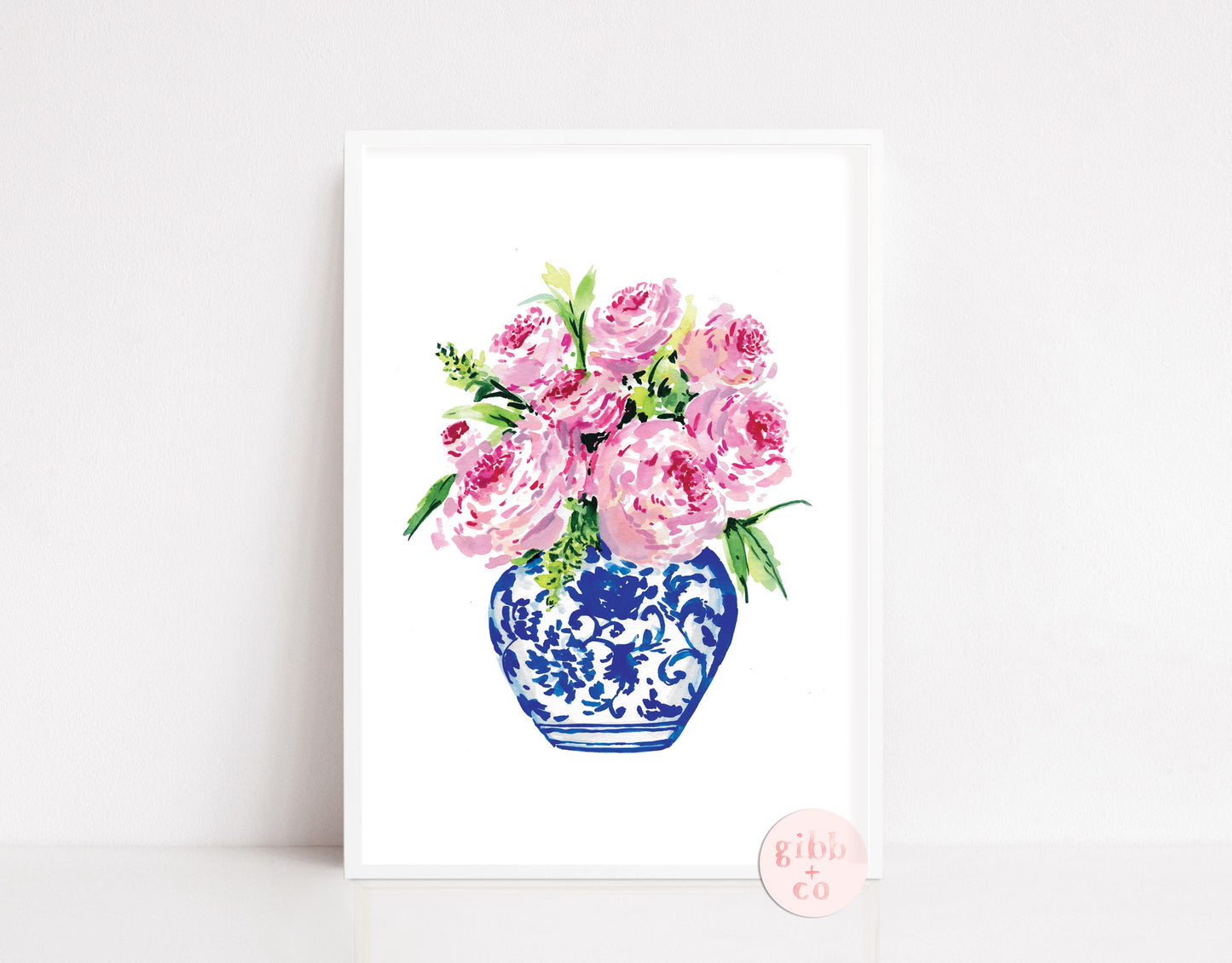 Blue Chinoiserie Vase Floral series, peony, peonies, rose, roses, chinoiserie art print