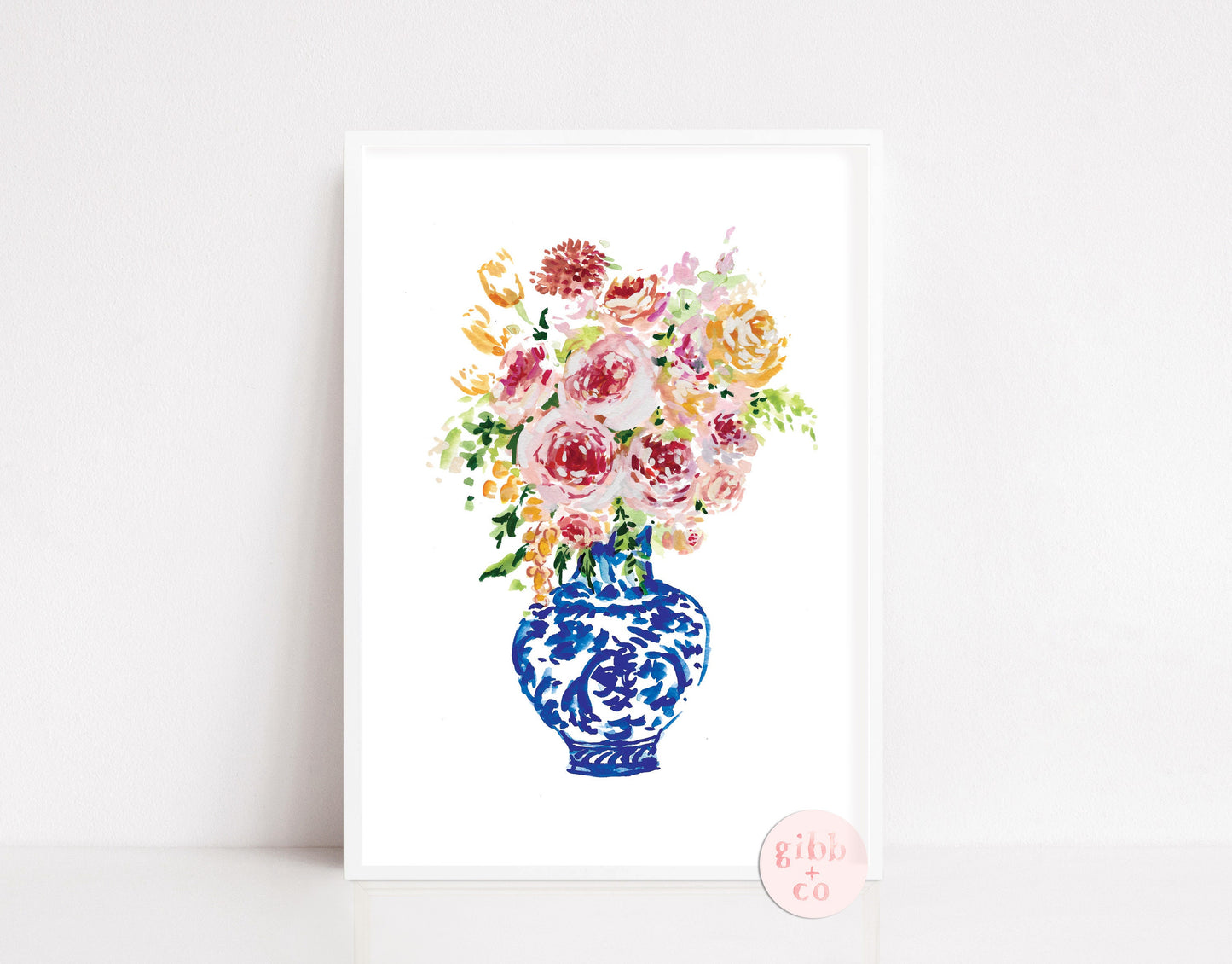 Blue Chinoiserie Vase Floral series, peony, peonies, rose, roses, chinoiserie art print