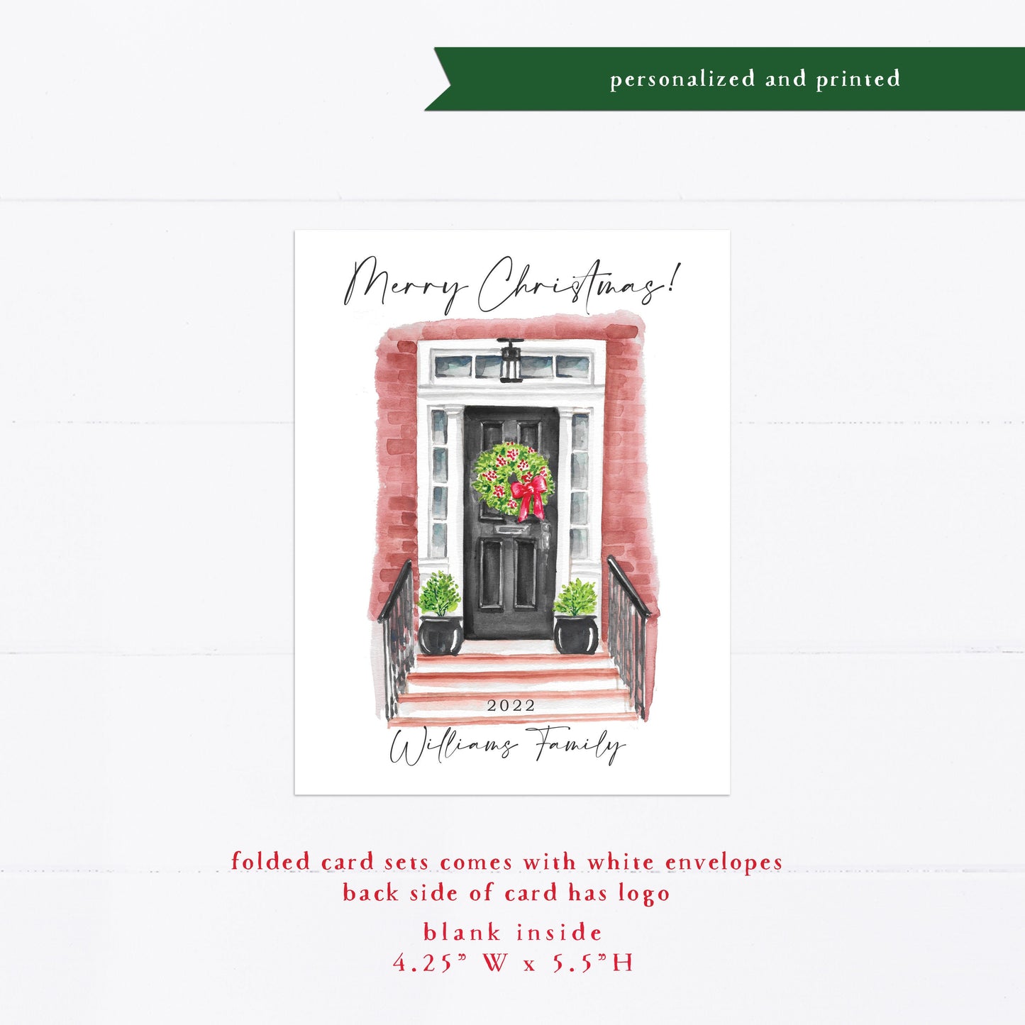 Christmas card, personalized Christmas card, black door, wreath, watercolor, monogram, gift for, feminine, girly, Holiday card, holidays