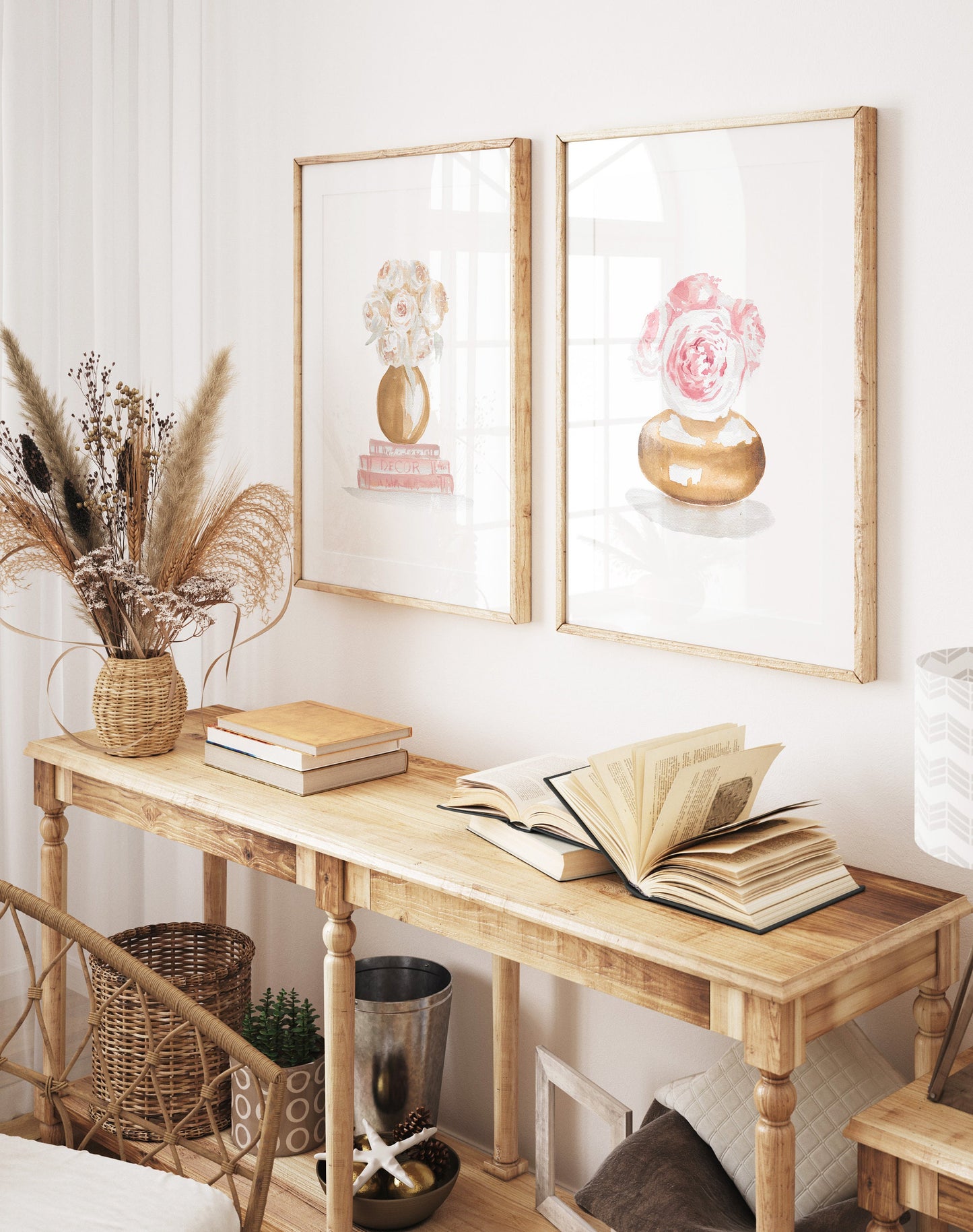 Pink peonies, cream roses, gold vase, Stacked books, Floral art print, book art print