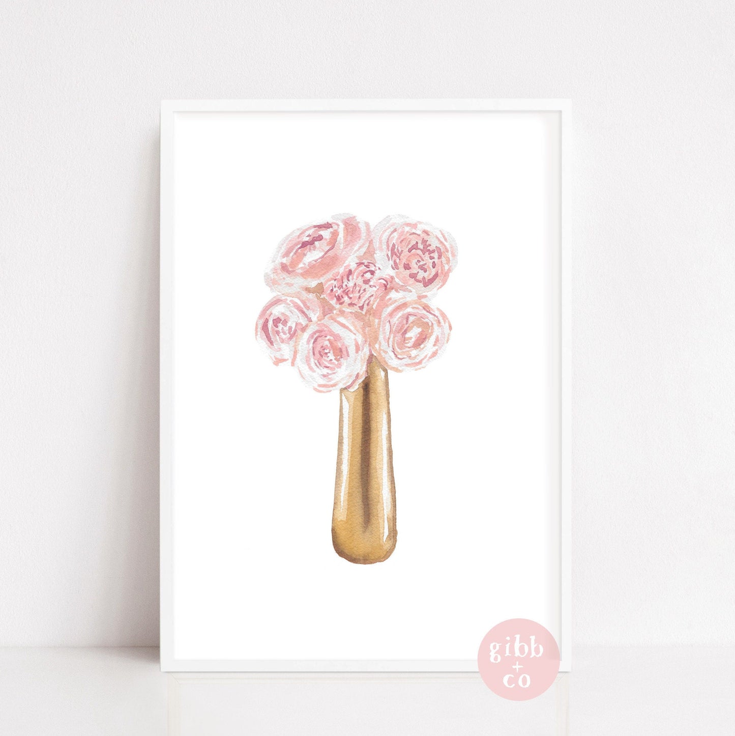 Pink peonies, cream roses, gold vase, Stacked books, Floral art print, book art print