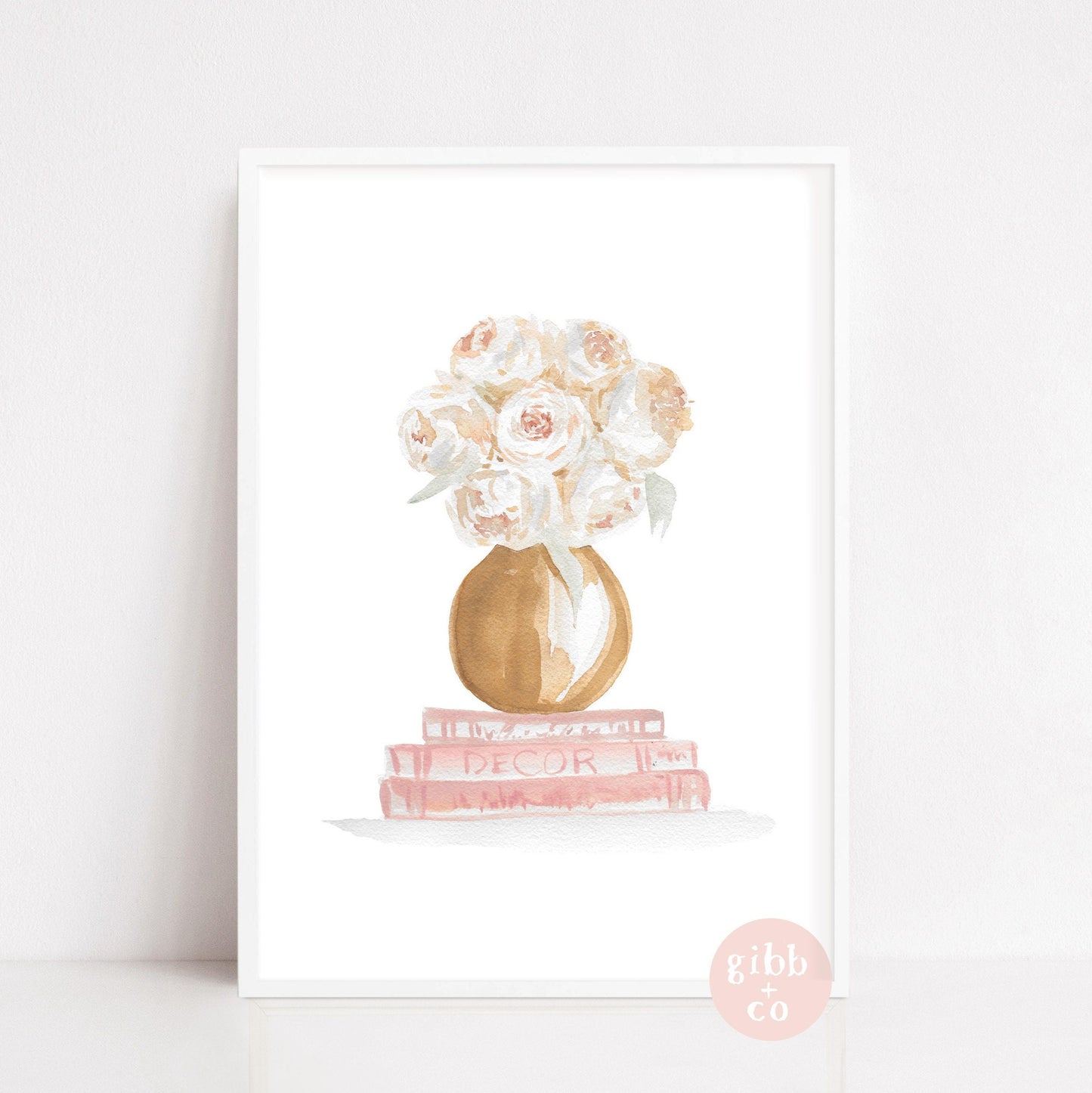 Pink peonies, cream roses, gold vase, Stacked books, Floral art print, book art print