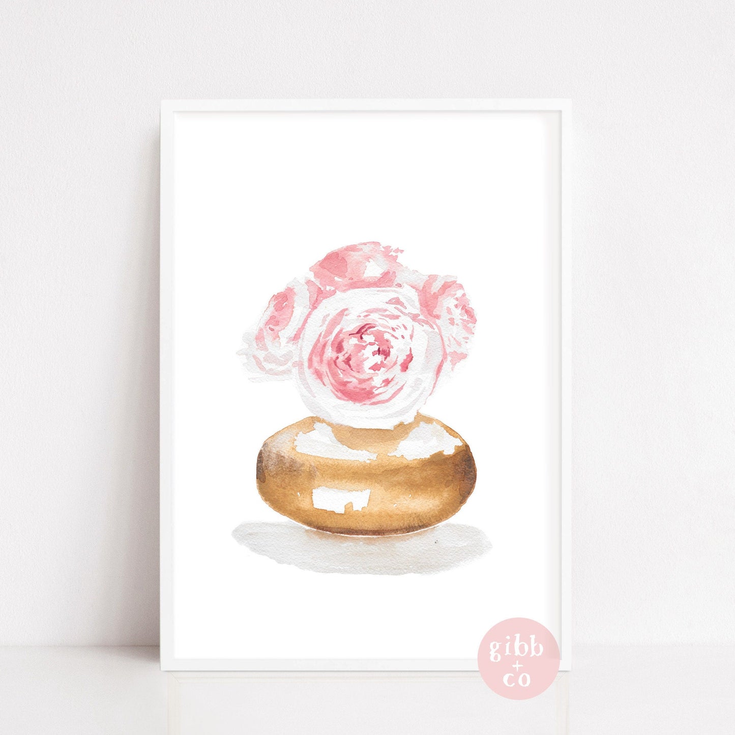 Pink peonies, cream roses, gold vase, Stacked books, Floral art print, book art print