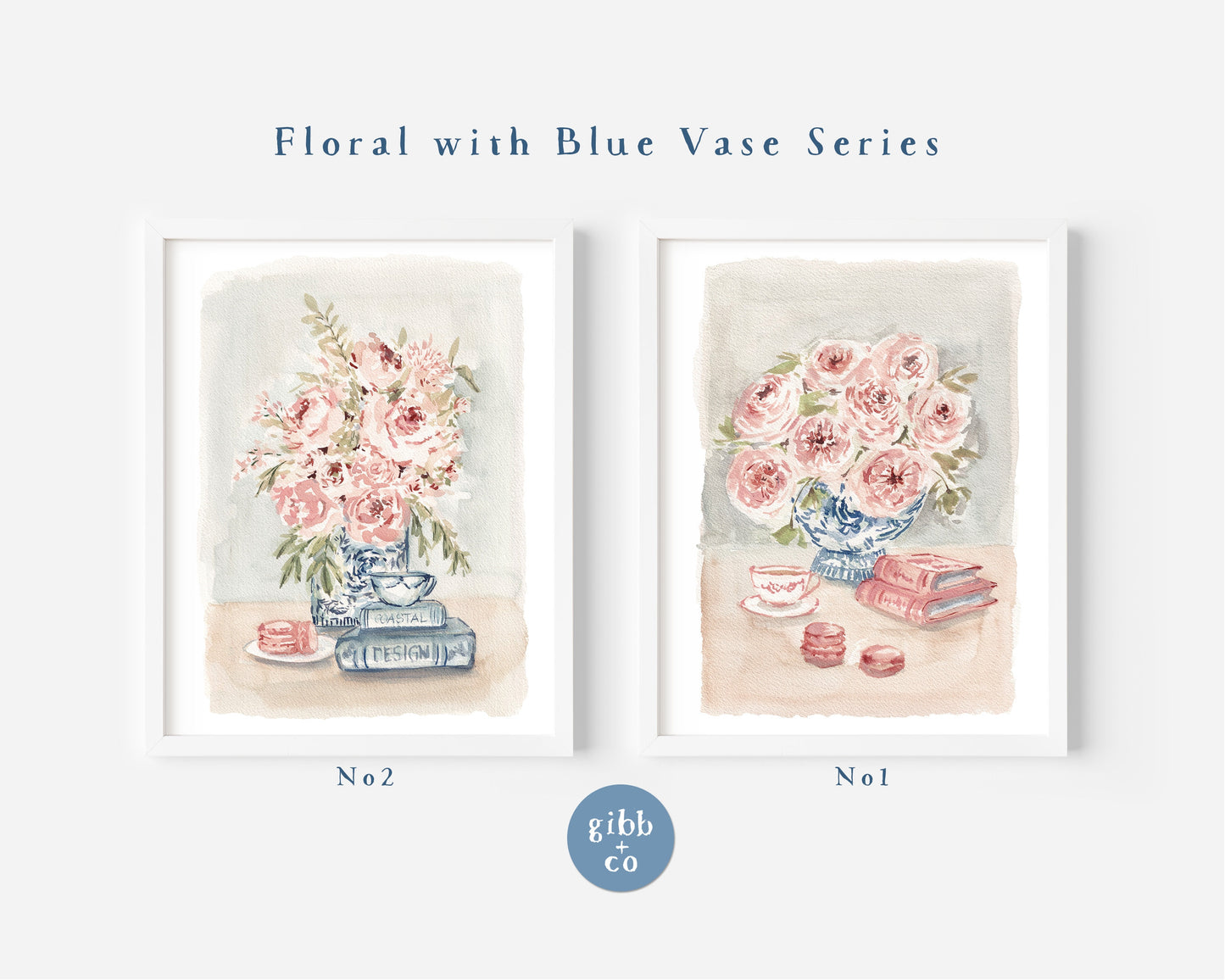 Pink Florals, Blue vase, art print, stacked books, book art print, floral art print