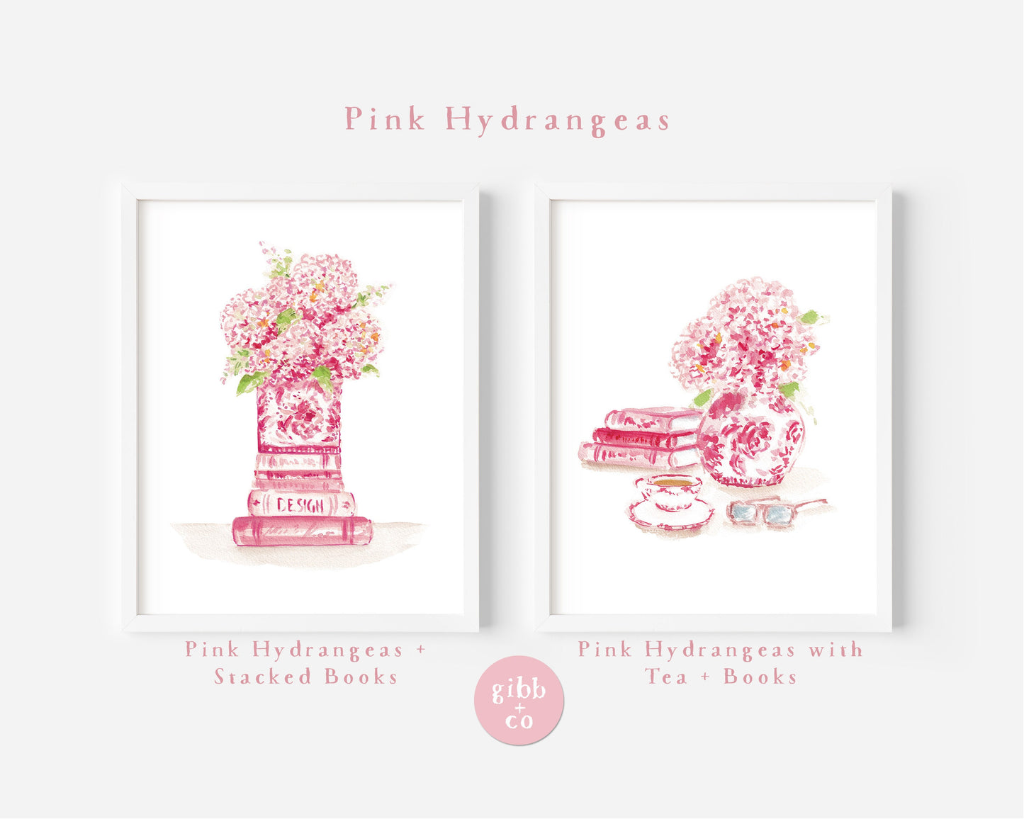 Pink Hydrangeas art print, stacked books, floral art print