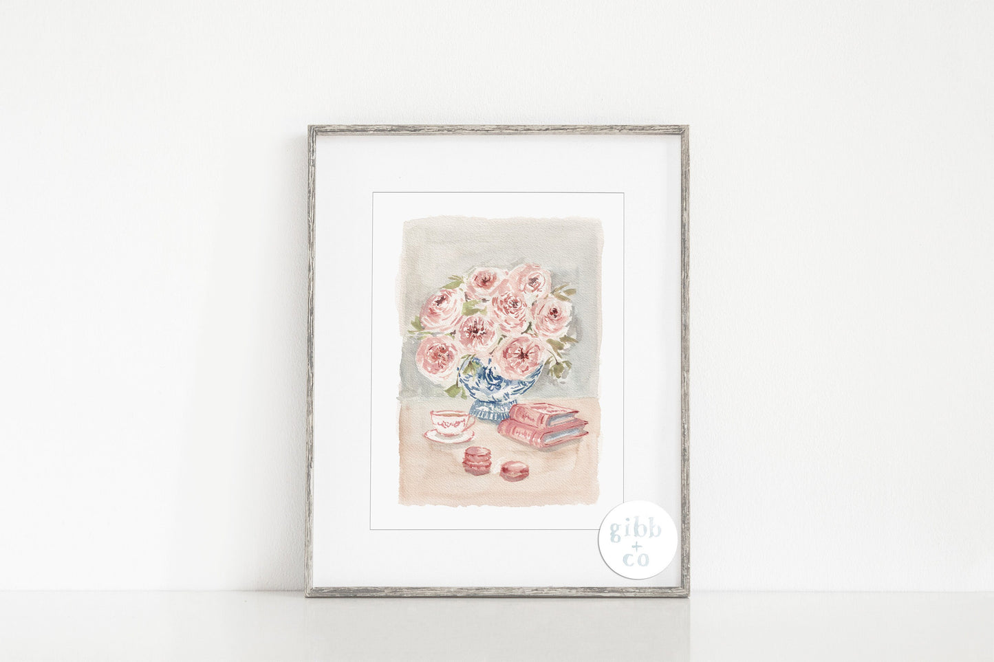 Pink Florals, Blue vase, art print, stacked books, book art print, floral art print