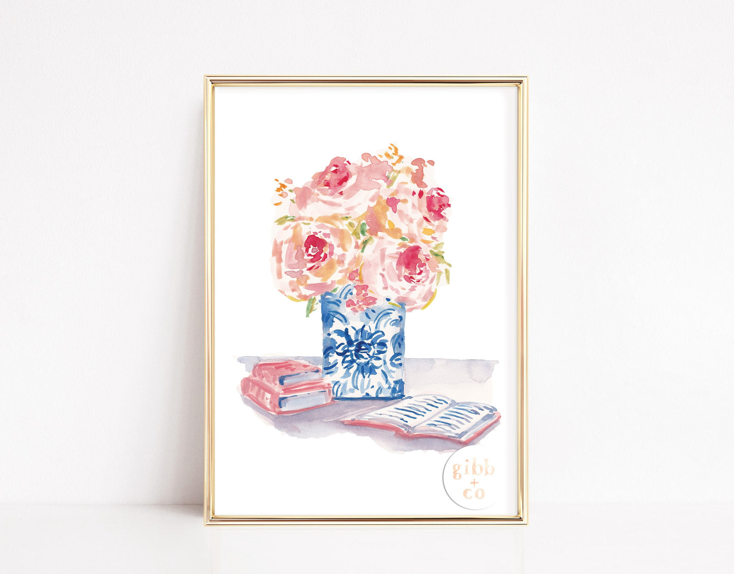 Pink Florals Blue Chinoiserie art series, book art print, floral art print, chinoiserie art print
