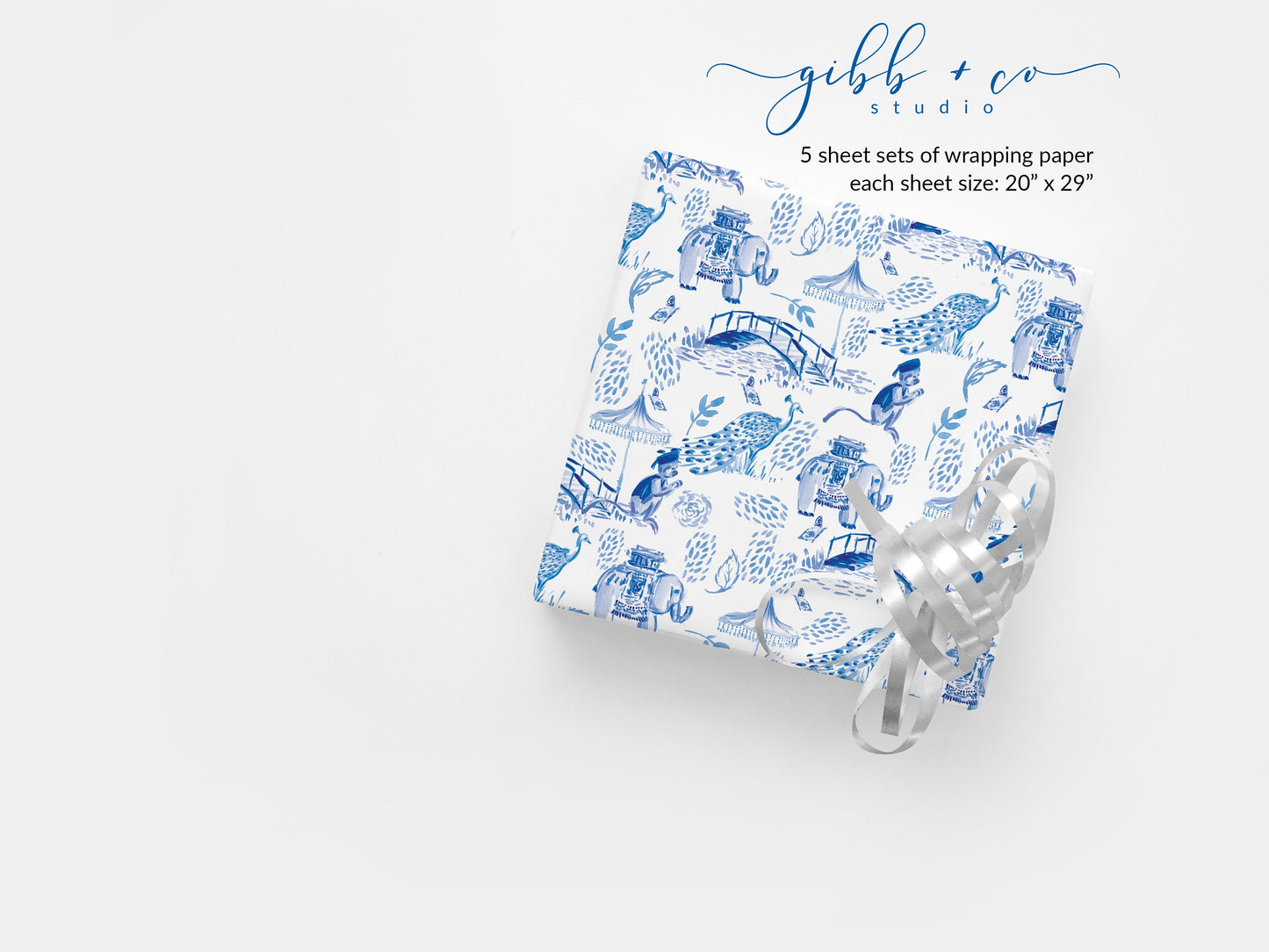 Blue elephant Chinoiserie wrapping paper