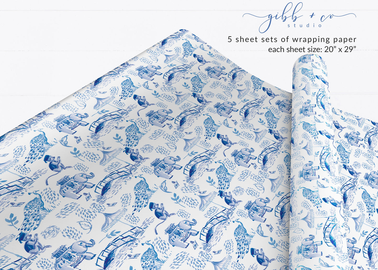 Blue elephant Chinoiserie wrapping paper