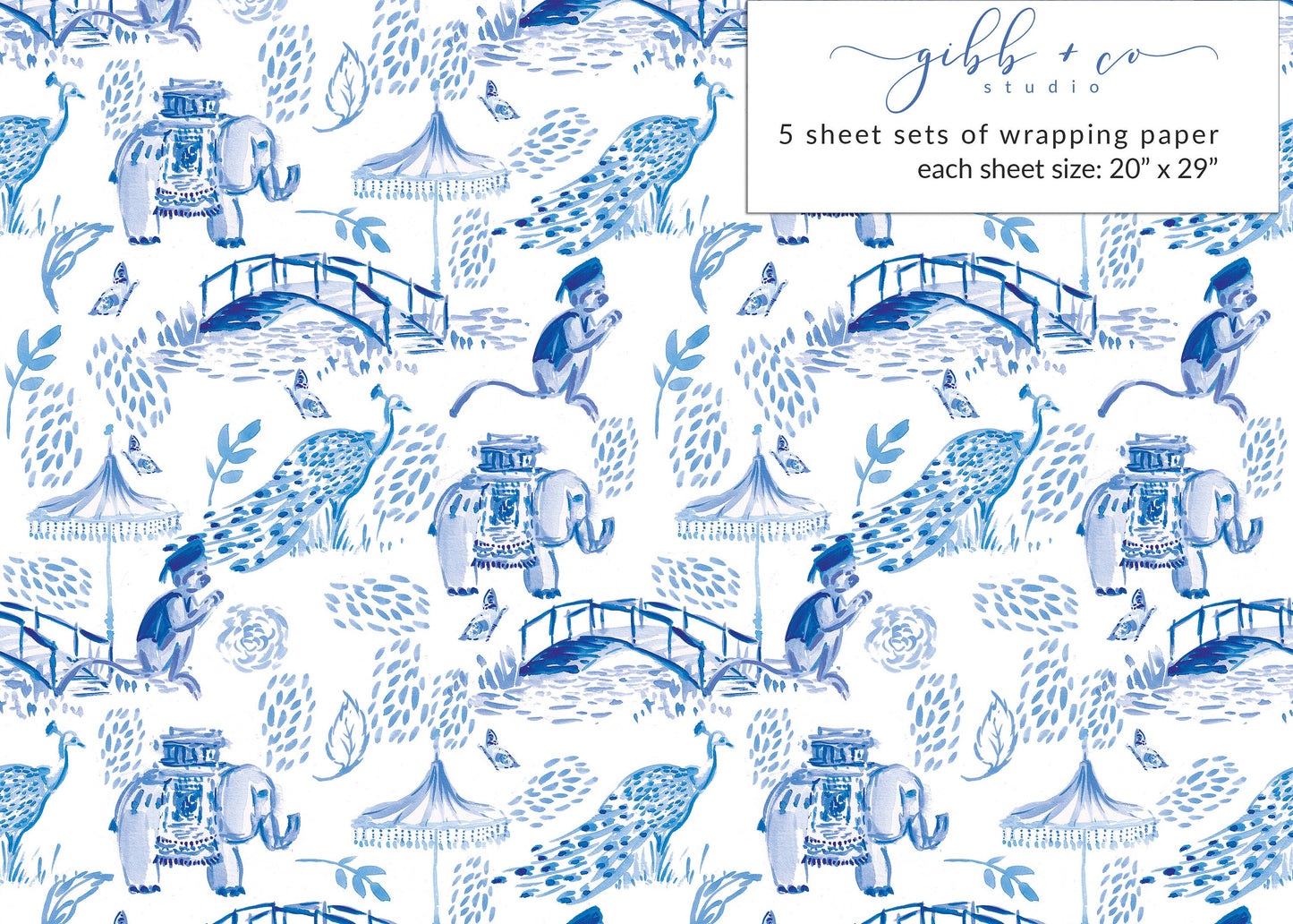 Blue elephant Chinoiserie wrapping paper