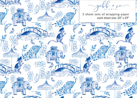 Blue elephant Chinoiserie wrapping paper