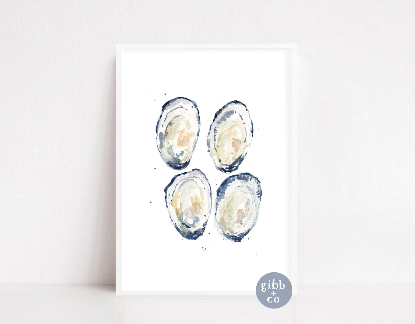 Four Blue Oysters art print, Coastal art print, beach art print