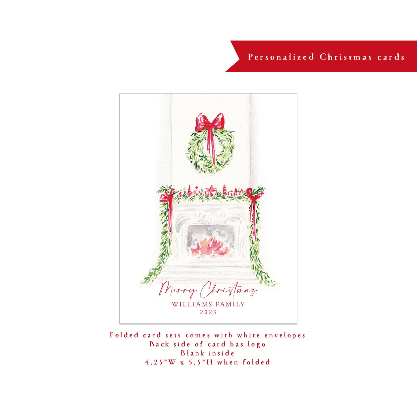 Personalized Christmas card, personalized holiday card, fireplace mantle, holiday door, wreath, small business Holiday card, card set