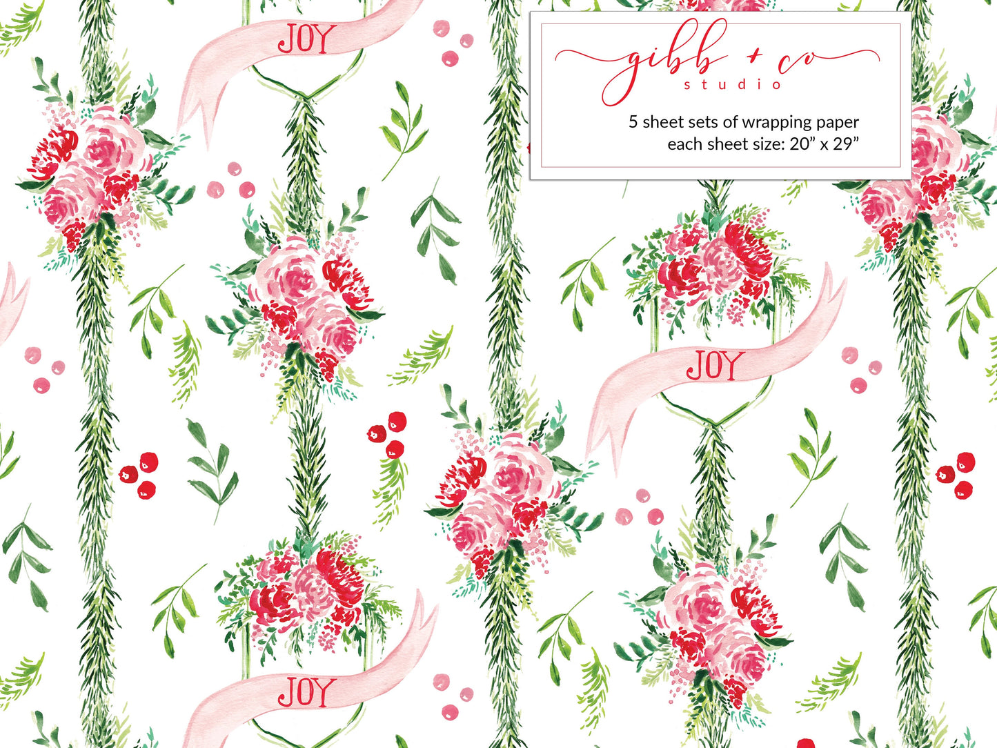 Retro Pink Christmas Floral wrapping paper, Pink Floral Christmas gift wrap, Christmas wrapping paper, holiday wrapping paper