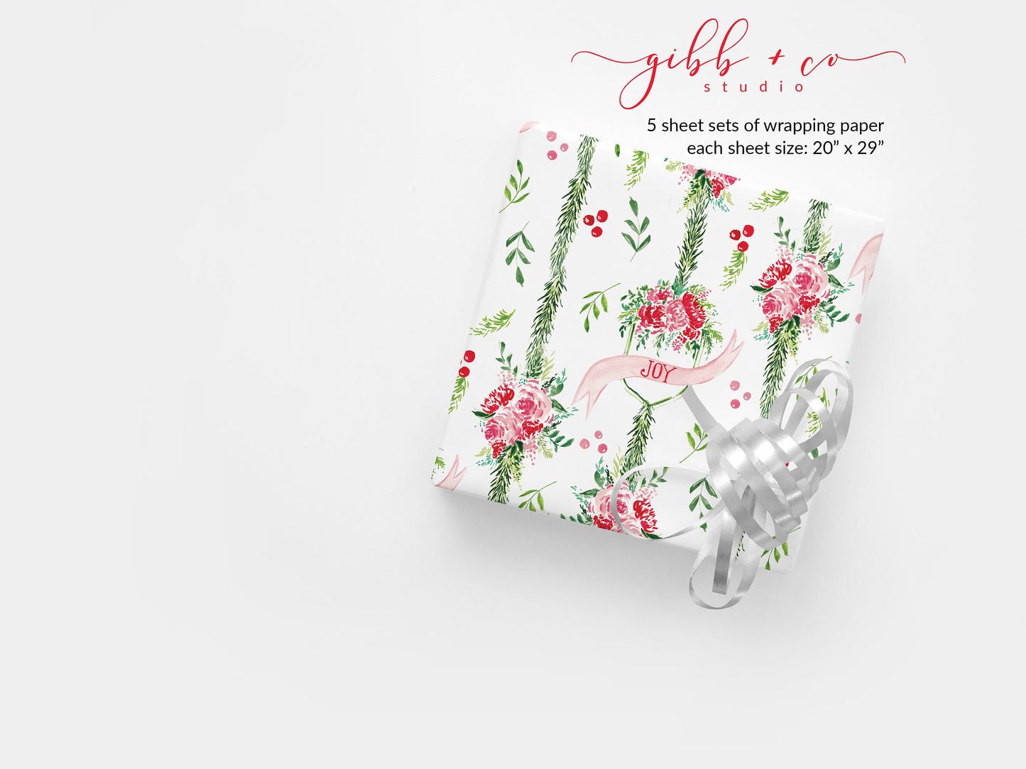 Retro Pink Christmas Floral wrapping paper, Pink Floral Christmas gift wrap, Christmas wrapping paper, holiday wrapping paper