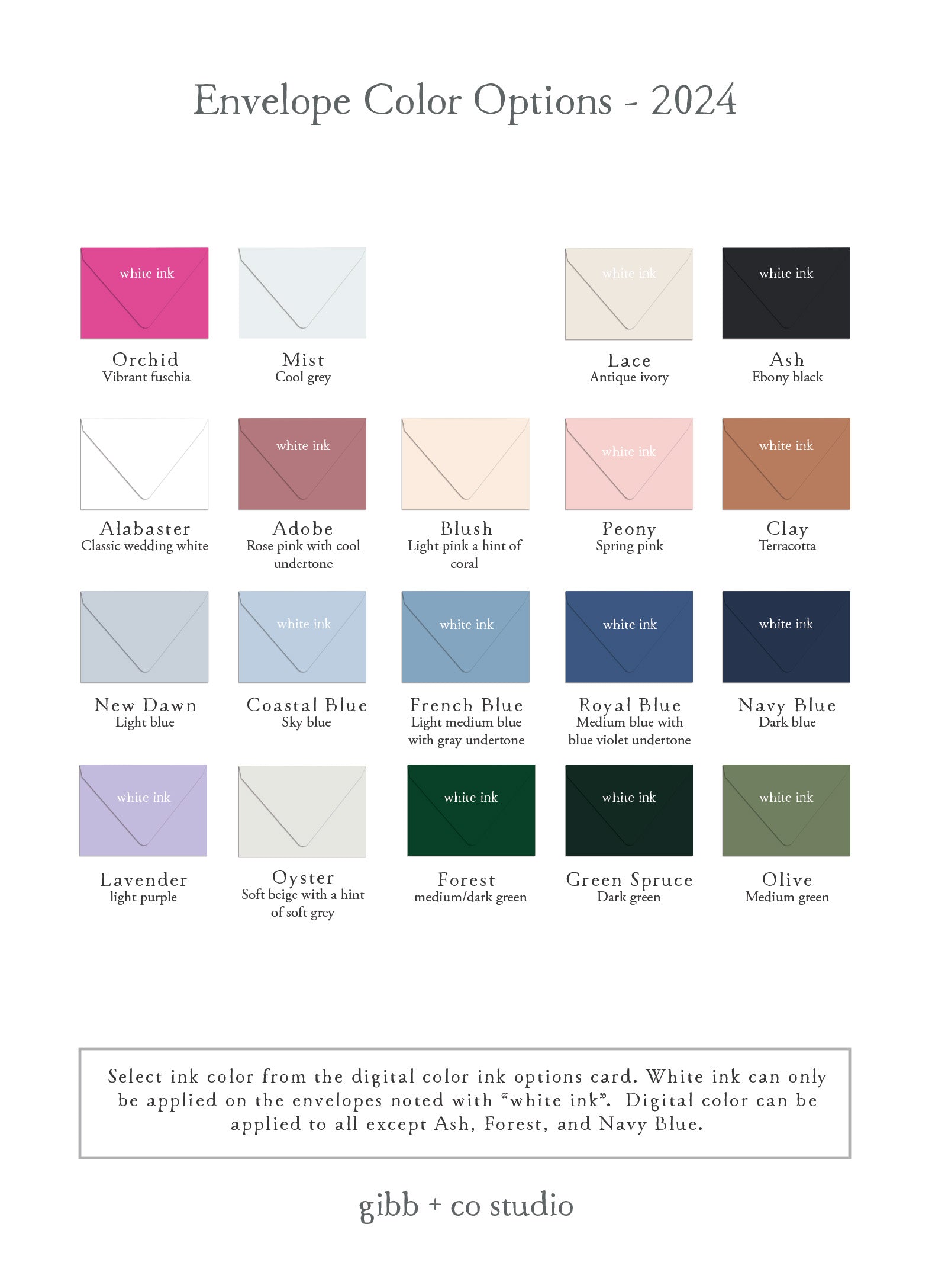 the color guide for the envelope color options