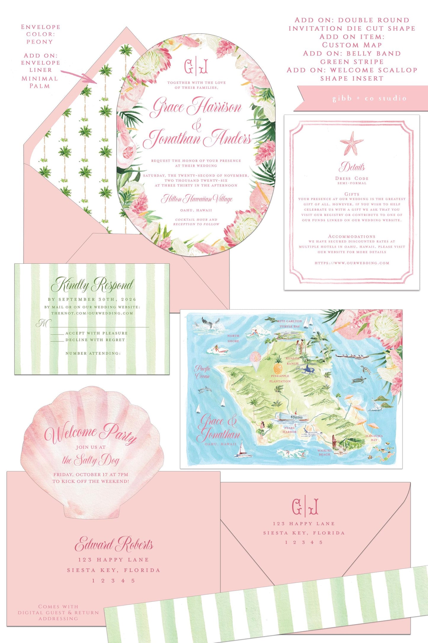 Lulu Tropical wedding invitation, pink protea, tropical flowers, beach wedding, destination wedding, watercolor invites, semi custom, deposit only