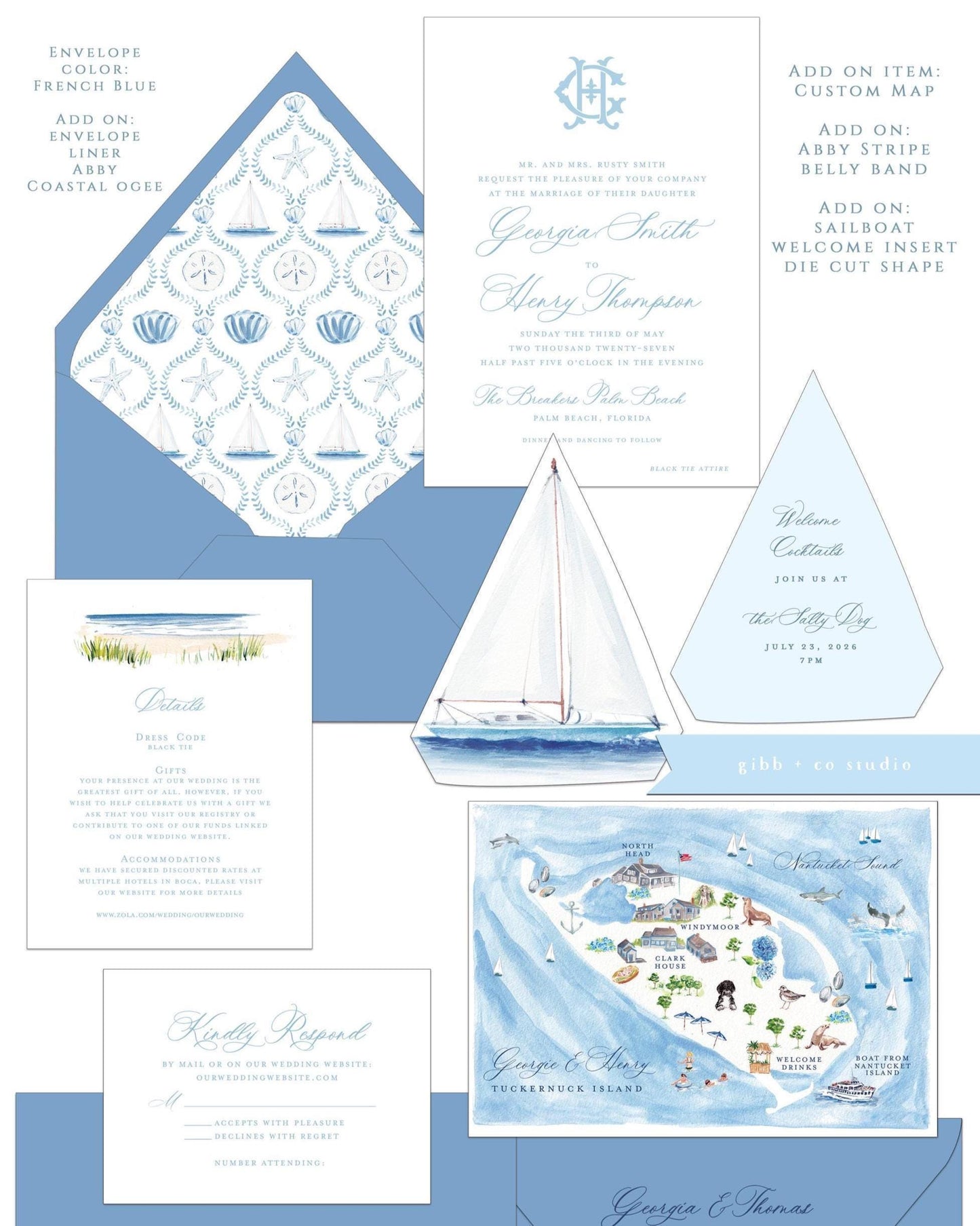 Abby Semi custom coastal wedding set with French Blue envelopes and add on custom elements