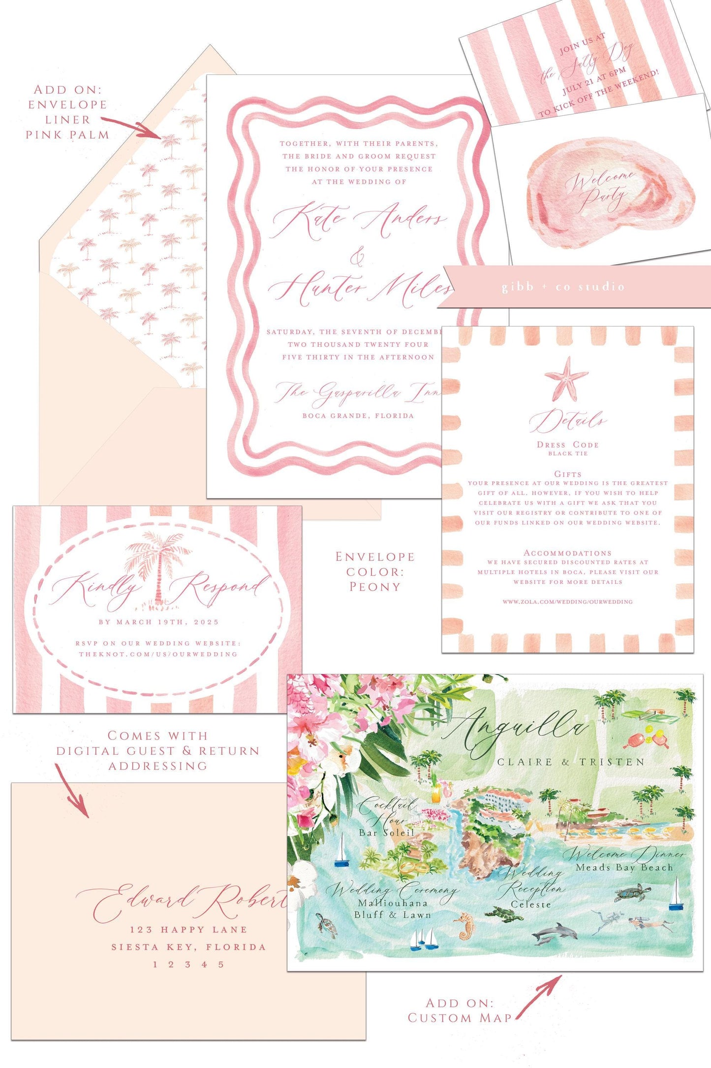 Pink Watercolor Coastal Wedding Invitations, Beach Wedding Set deposit, semi custom