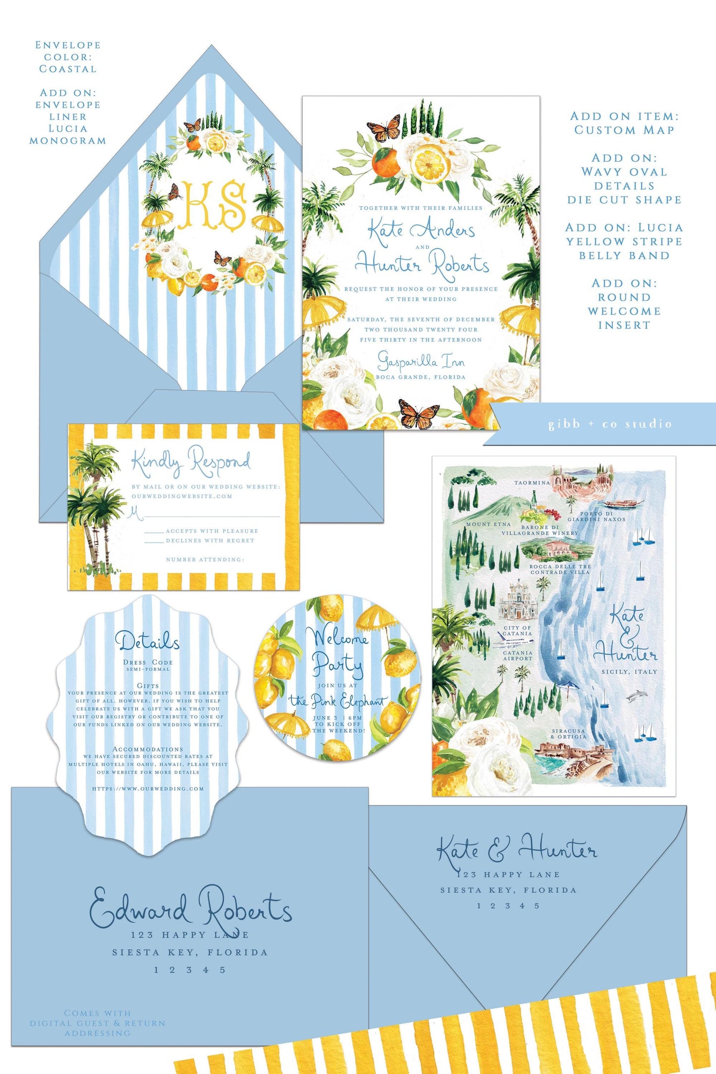 Lucia wedding invitation, blue, beach wedding, tropical wedding, coastal wedding, semi custom, destination wedding, watercolor invites, deposit only