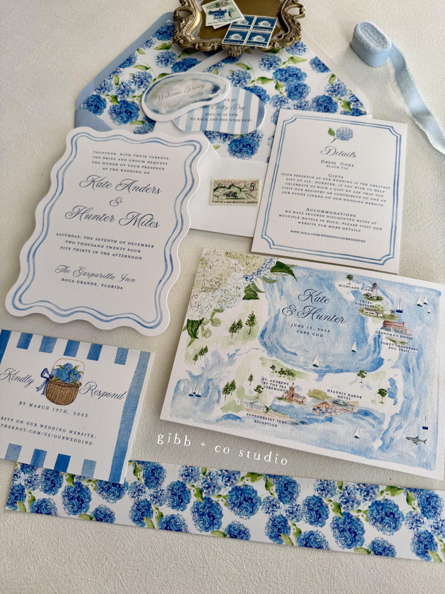 Anna Coastal wedding invitation, blue hydrangea, beach wedding, coastal wedding, watercolor wedding, Semi Custom, Nantucket, deposit only