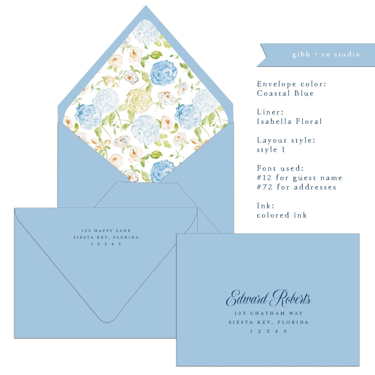 Euro flap envelope with liner, digital addressing, Isabella floral blue hydrangea liner, coastal wedding, A7 Lined envelopes, set of 20