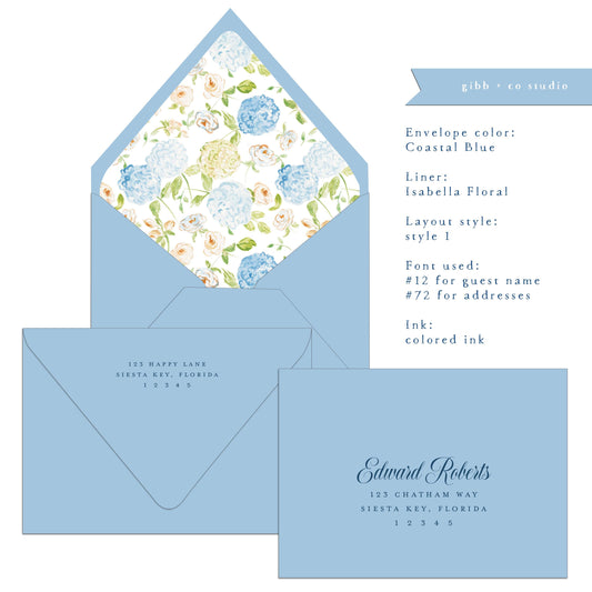 Euro flap envelope with liner, digital addressing, Isabella floral blue hydrangea liner, coastal wedding, A7 Lined envelopes, set of 20