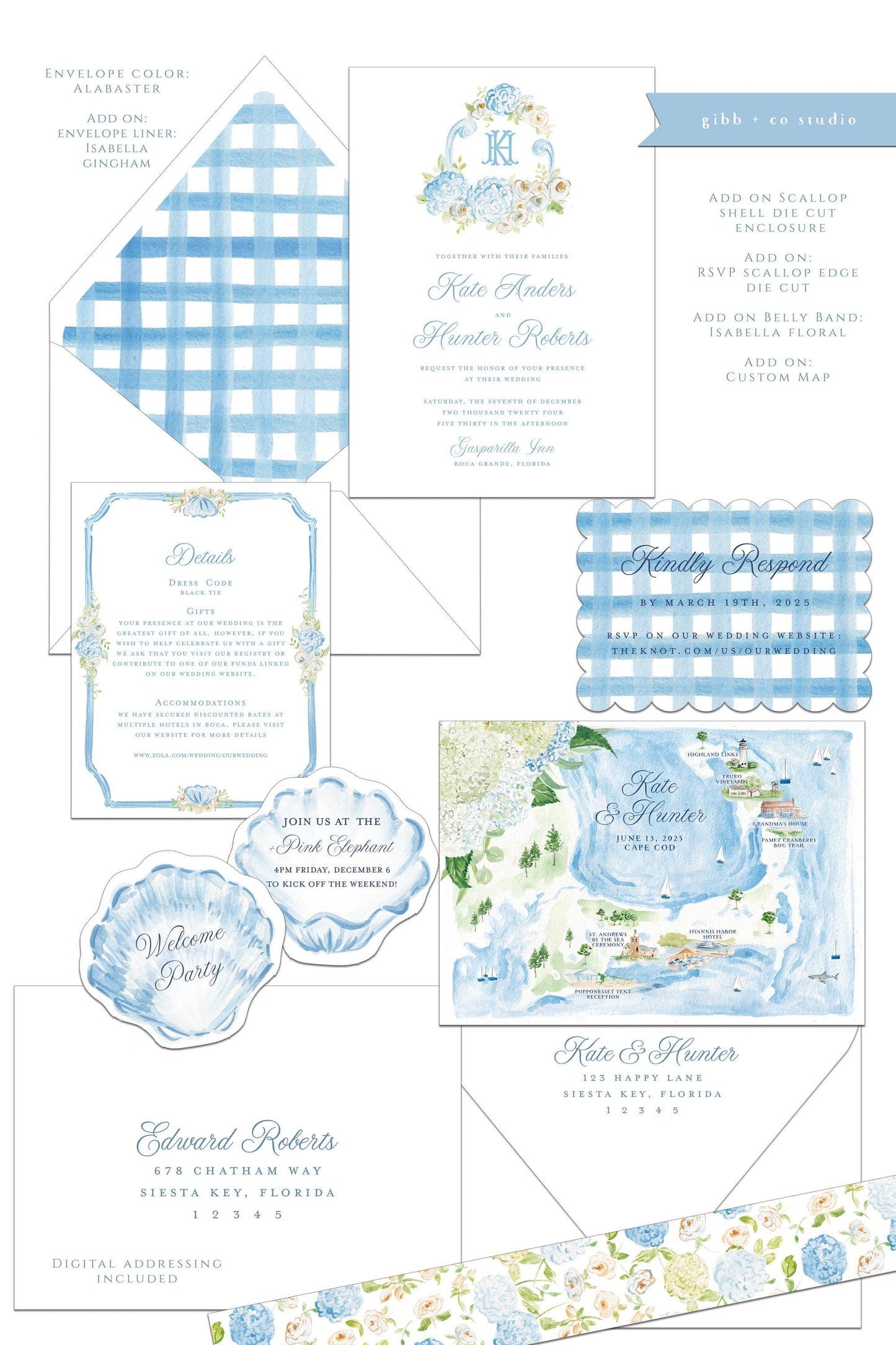 Catherine Coastal wedding invitation, blue hydrangea, beach wedding, coastal wedding, watercolor Semi Custom wedding set, deposit only