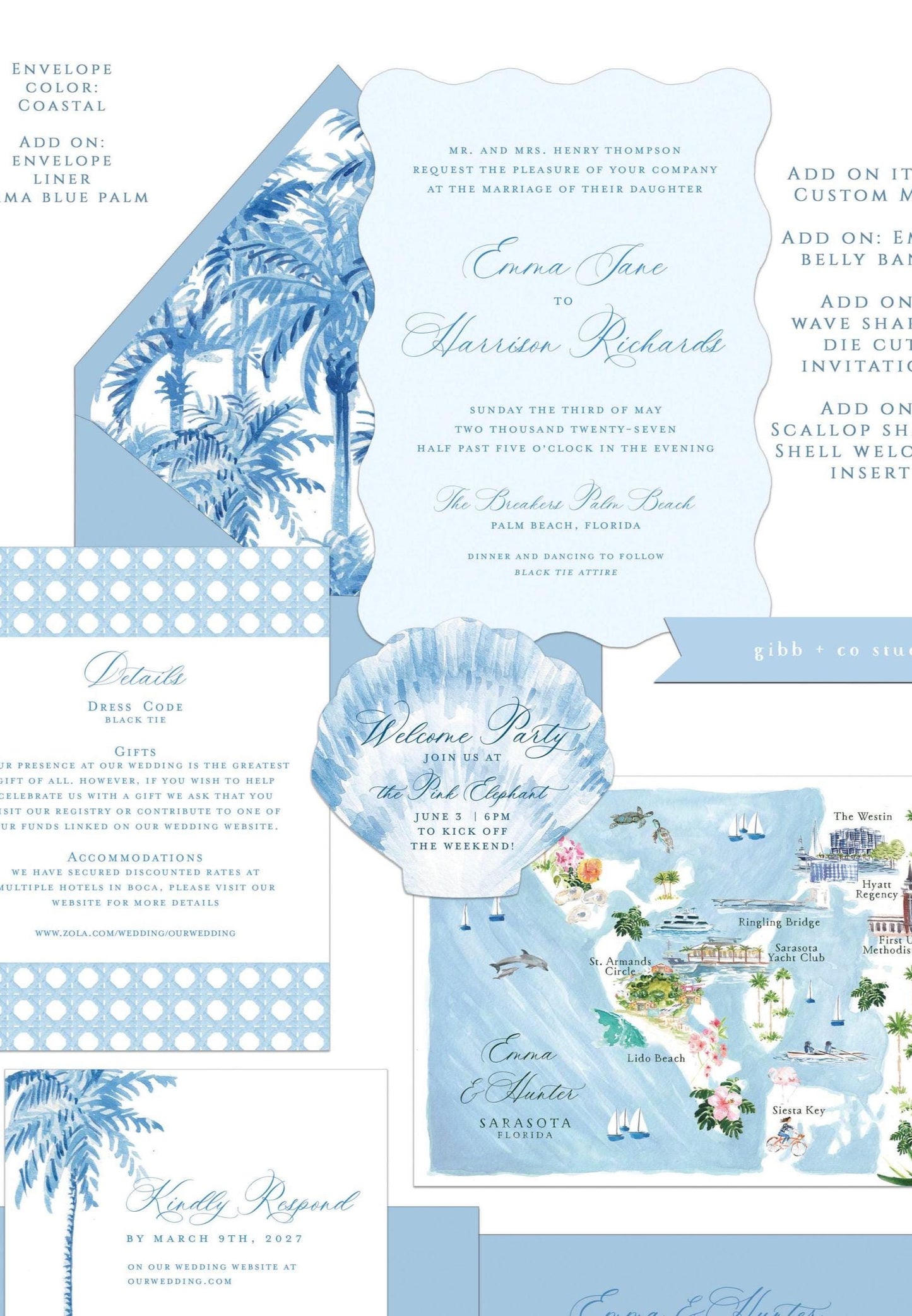 Emma wedding invitation, blue, beach wedding, tropical wedding, semi custom, coastal wedding, destination wedding, watercolor invites, deposit only