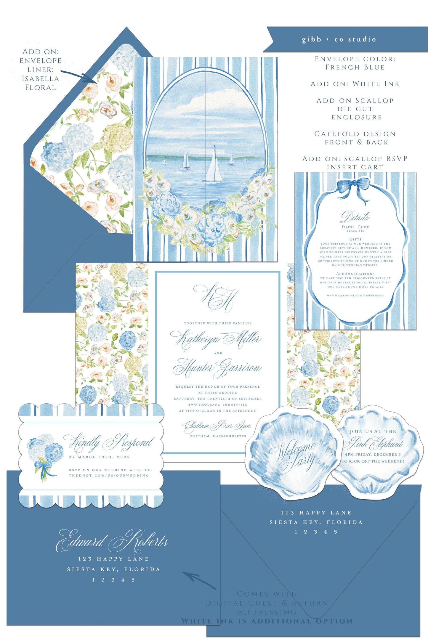 Isabella Coastal wedding invitation, blue hydrangea, beach wedding, coastal wedding, watercolor Semi Custom wedding set, deposit only