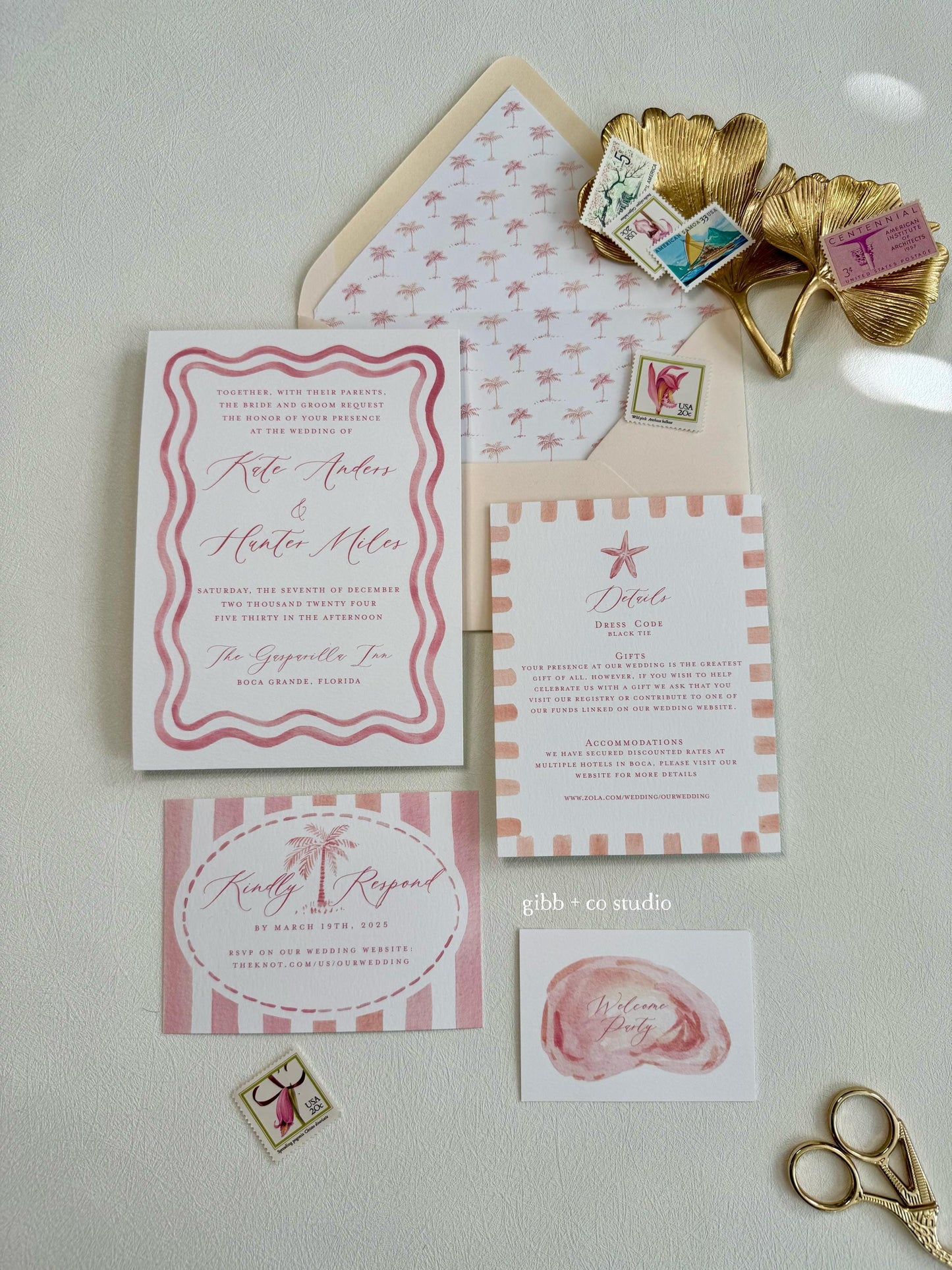 Pink Watercolor Coastal Wedding Invitations, Beach Wedding Set deposit, semi custom