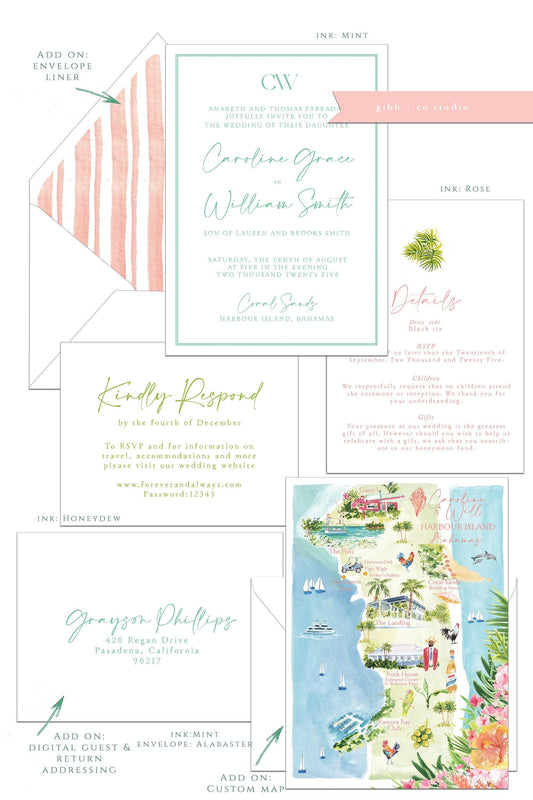 Tropical wedding invitations, Lucy Semi Custom printed invitations, pink, painted wedding set, wedding invites, rsvp, details, deposit