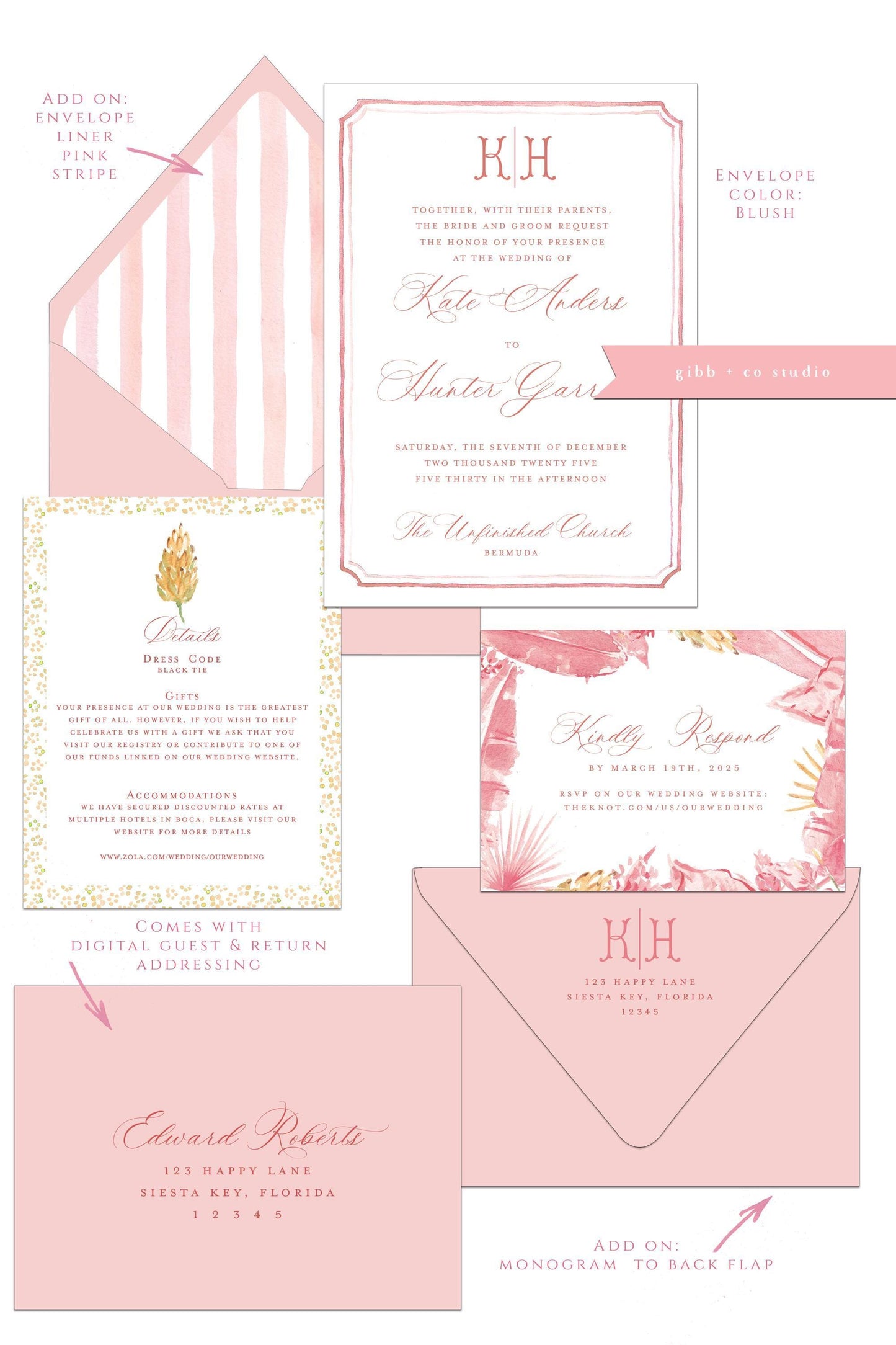 Tropical wedding invitations, beach wedding, Coastal, Ainsley Semi Custom wedding invites, rsvp, detail, watercolor palms, pink, deposit