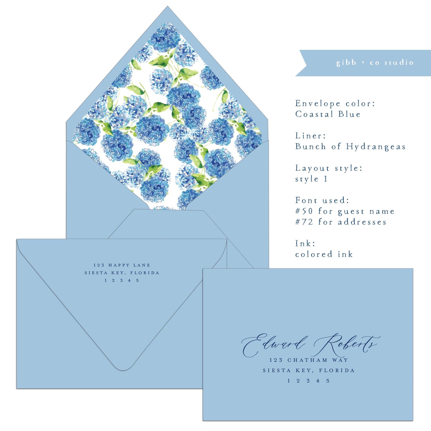Euro flap envelope with liner, digital addressing, bunch of blue hydrangeas liner, coastal wedding, addressed, A7 Lined envelopes, set of 20