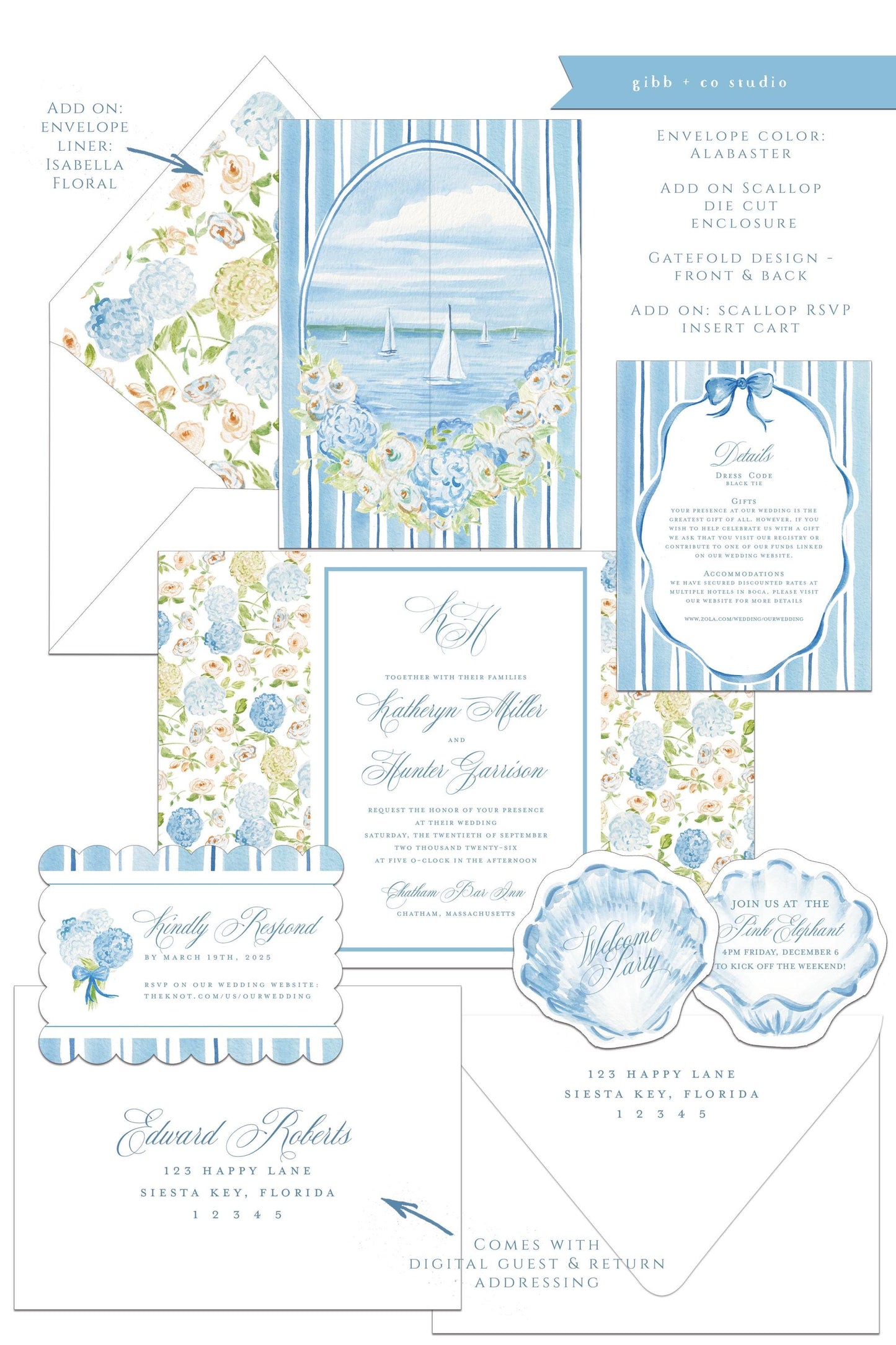 Isabella Coastal wedding invitation, blue hydrangea, beach wedding, coastal wedding, watercolor Semi Custom wedding set, deposit only