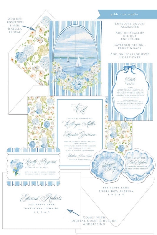 Isabella Coastal wedding invitation, blue hydrangea, beach wedding, coastal wedding, watercolor Semi Custom wedding set, deposit only